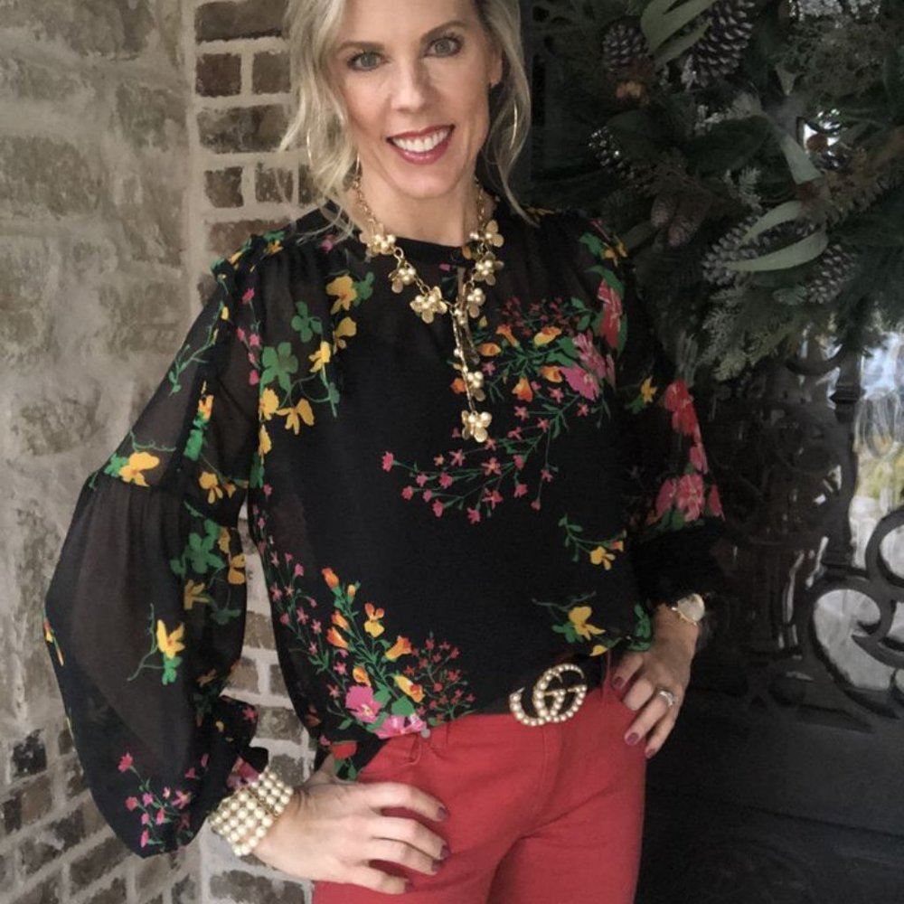 Christmas blouse lovely CAbi Thespian Blouse #5706 midnight black red green f